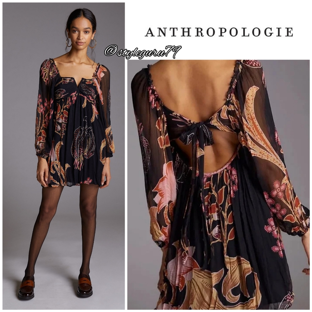 NWT, Anthropologie, LET ME BE TIERED MINI DRESS in BLACK MOTIF